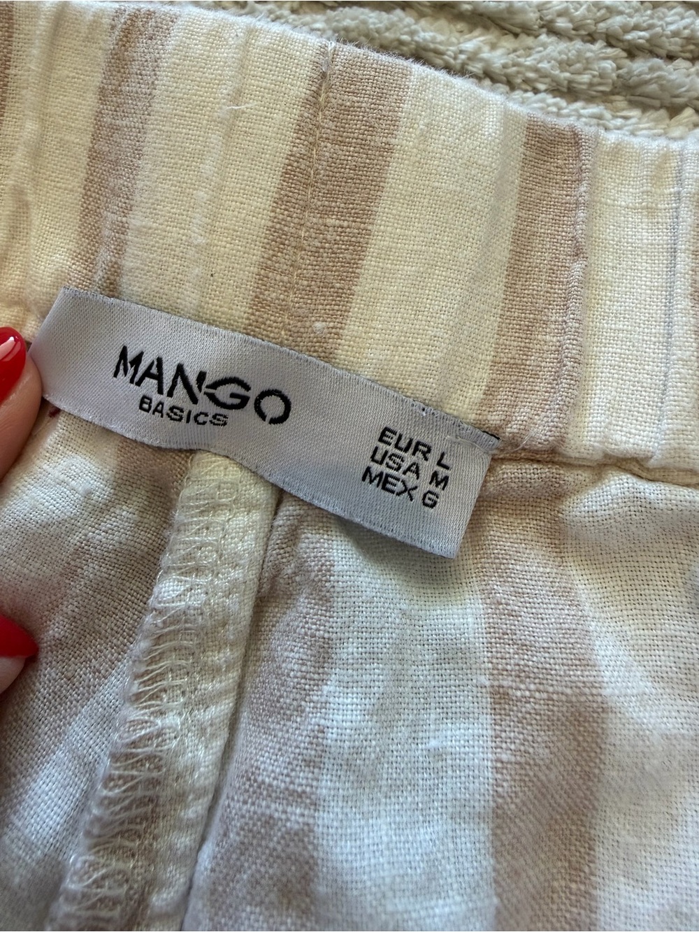 Mango Basics 100% Linen Cream Ivory Striped Drawstring Pants Size Large - Picture 6 of 9